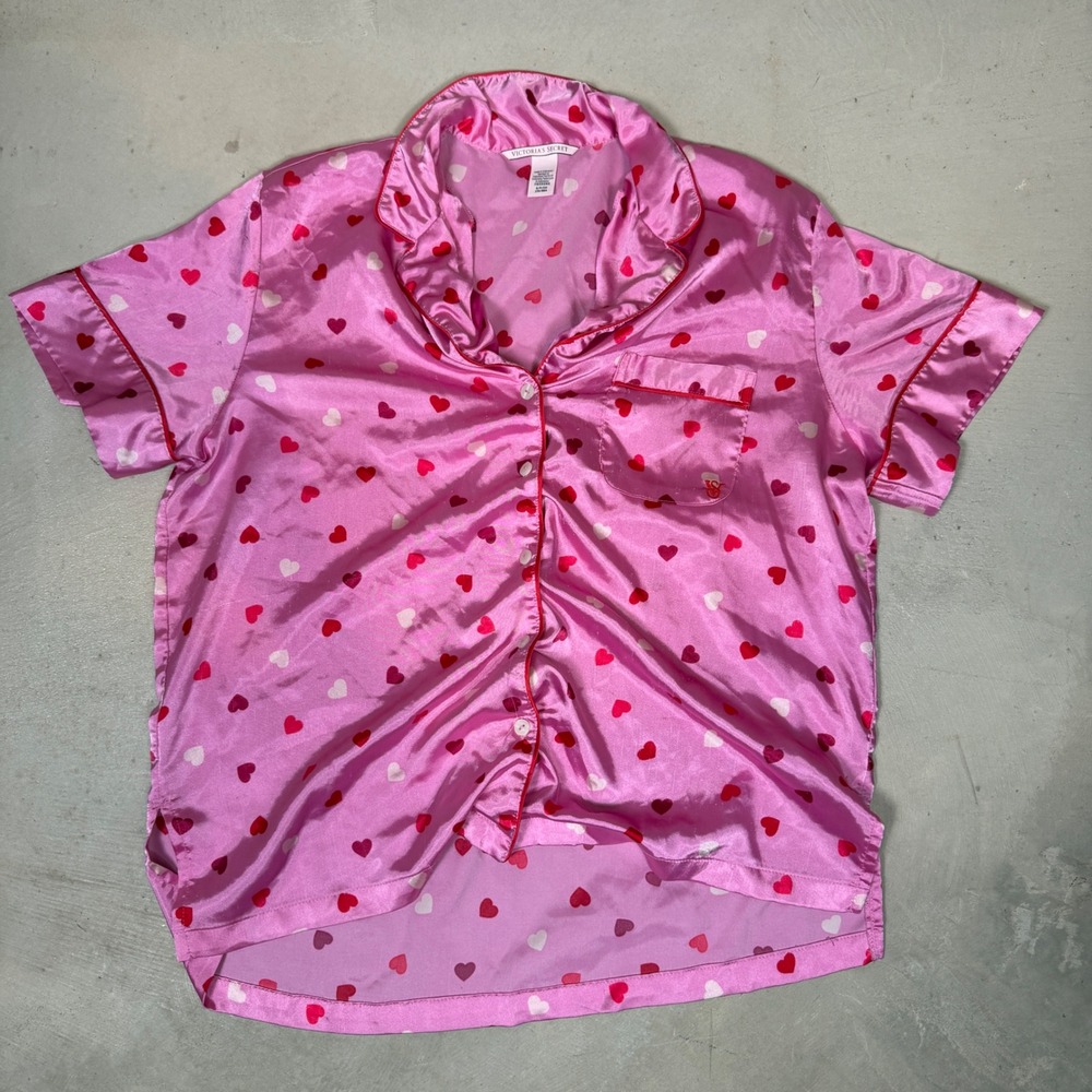 Victoria's Secret Pink Heart Satin Pajama Top Short Sleeve Button Up Small